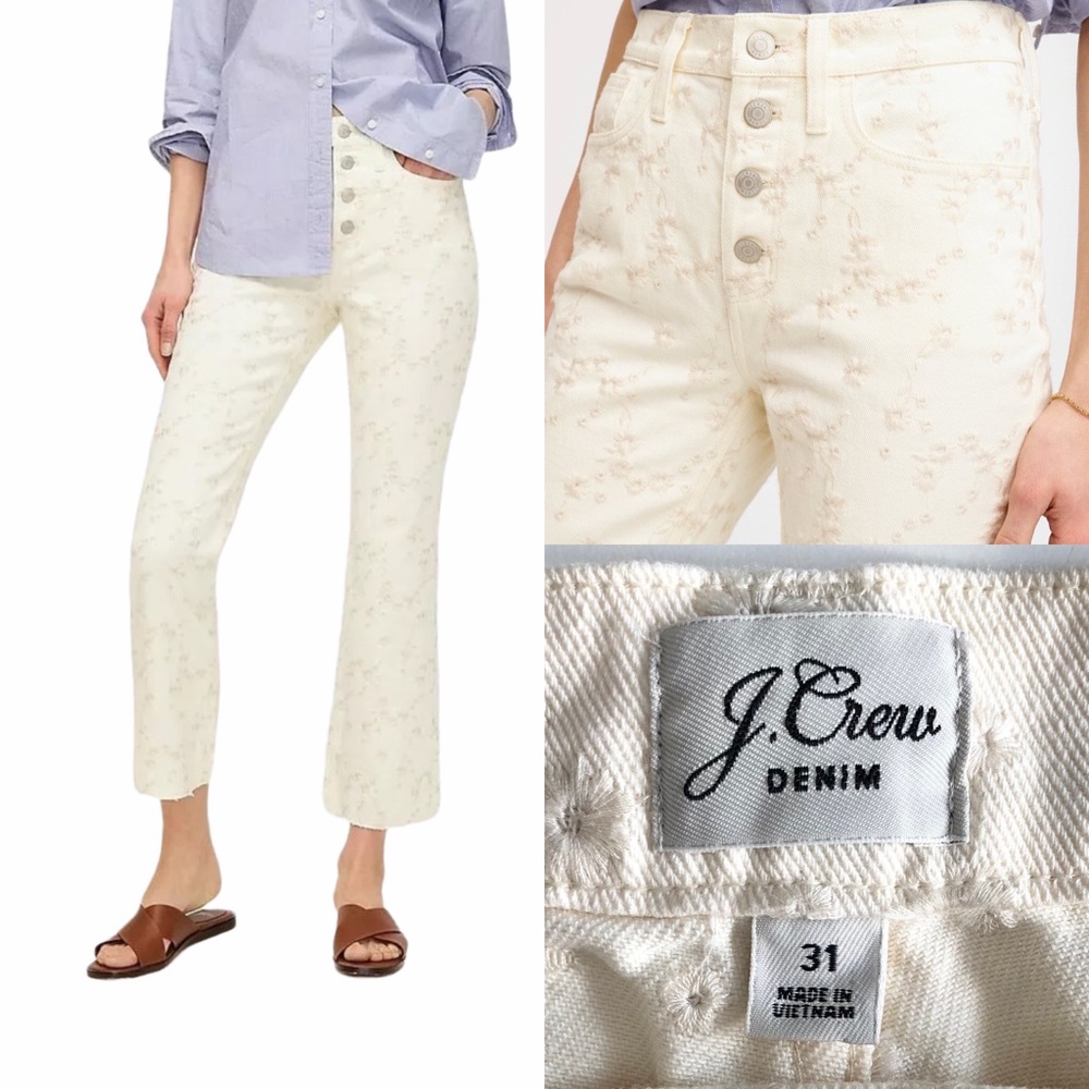 J.Crew Women's 10" Billie Demi Boot Crop Off-White Jeans Eyelet Embroidery 31